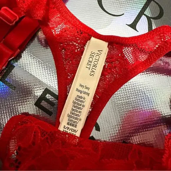 Victoria's Secret Cherry Shine Strap Lace Garter Belt and Thong